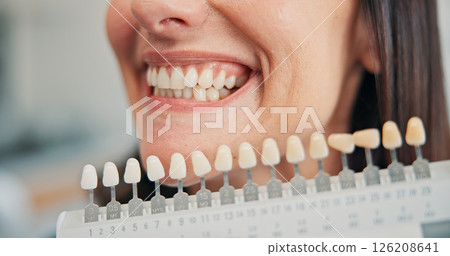 Decision, implant and teeth of woman at dentist for oral procedure or surgery closeup. Choice, options and tooth selection with patient in office of clinic or hospital for cap, repair or replacement Decision, implant and teeth of woman at dentist for oral procedure or surgery closeup. Choice, options and tooth selection with patient in office of clinic or hospital for cap, repair or replacement 126208641