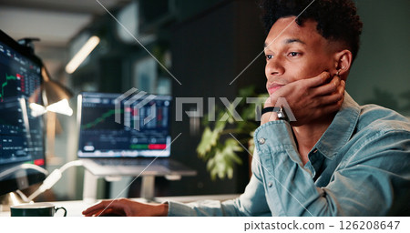 Man, tired and computer screen with trading, charts or burnout for revenue report in office at company. Person, bored and monitor at night, graph or fatigue with low energy for stock market at agency Man, tired and computer screen with trading, charts or burnout for revenue report in office at company. Person, bored and monitor at night, graph or fatigue with low energy for stock market at agency 126208647