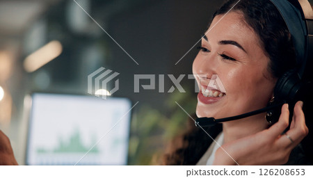 Headset, woman and tech support agent in office at night for crm, helpdesk or internet service provider. Happy, overtime and call center consultant with communication, consultation or contact us. 126208653