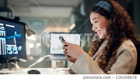Business, night and woman with smartphone, smile and professional with investments. Evening, person and investor in workplace, cellphone and charts for profit growth, email and app for stock market Business, night and woman with smartphone, smile and professional with investments. Evening, person and investor in workplace, cellphone and charts for profit growth, email and app for stock market 126208678