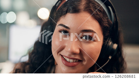 Headset, woman and portrait of call center agent in office at night for crm, help desk or lead generation. Happy, overtime and tech support consultant with communication, consultation or contact us. Headset, woman and portrait of call center agent in office at night for crm, help desk or lead generation. Happy, overtime and tech support consultant with communication, consultation or contact us. 126208681
