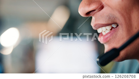 Business, mic and man with closeup, call centre and conversation with help desk. Person, employee and agent in workplace, consulting and headset with mouth, professional and telemarketing with advice 126208708