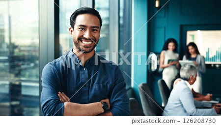 Arms crossed, economist or portrait of businessman in meeting for forecasting or accounting data. Accountant, happy or proud financial analyst with economic charts for budget report or investment 126208730