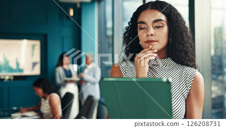 Thinking, accountant or businesswoman on tablet in meeting for research, sale ideas or accounting. Financial solution, finance analyst or news update for budget report, problem solving or investment 126208731