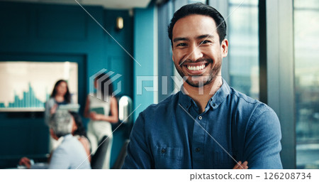 Graphs, economist or portrait of businessman in meeting for forecasting growth or accounting data. Accountant, happy or proud financial analyst with economic charts for budget report or investment 126208734