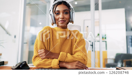 Woman, headset and portrait at office with smile, review or arms crossed for tech support at IT startup. Person, consultant and voip mic for virtual advisory service, happy and help desk in Mexico Woman, headset and portrait at office with smile, review or arms crossed for tech support at IT startup. Person, consultant and voip mic for virtual advisory service, happy and help desk in Mexico 126208746