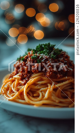 Delicious Spaghetti With Meat Sauce and Parsley Garnished in Cozy Setting 126208816