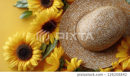 Bright Sunflowers and a Straw Hat Create a Vibrant Summer Display on a Cheerful Yellow Backdrop 126208842