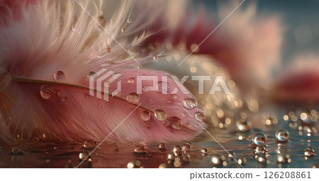 Delicate Pink Feather Adorned With Water Droplets on a Reflective Surface During Soft Light 126208861