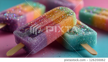 Colorful Glitter Popsicles on a Vibrant Pink Surface Creating a Playful Summer Vibe 126208862