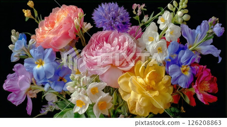 Vibrant Floral Arrangement Featuring a Variety of Colorful Flowers Against a Dark Backdrop 126208863