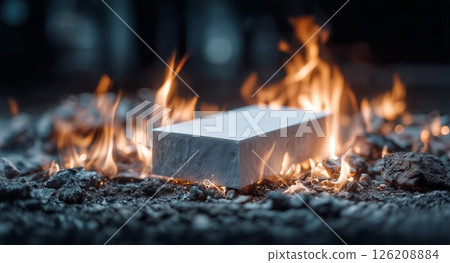 Burning Paper Stands in Orange Flames on Dark Ash Background 126208884