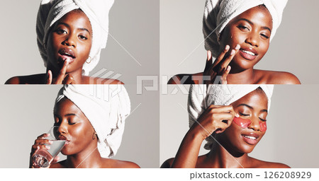 Collage, beauty and glow with black woman in studio for skincare treatment, hydration benefit and dermatology. Collagen, drinking water and eye mask with person on white background for lip scrub 126208929