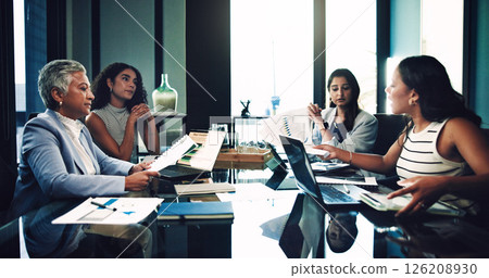 Business women, document and group discussion in meeting for planning with profit metrics. Team, chart and brainstorming with manager for investment idea, proposal and financial strategy in office 126208930