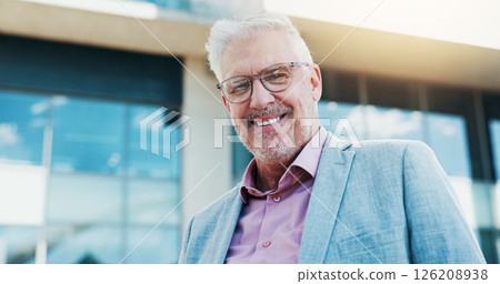 Mature, happy man and portrait with realtor in city for corporate property or building investment. Businessman, executive or real estate agent with smile for business development in an urban town 126208938