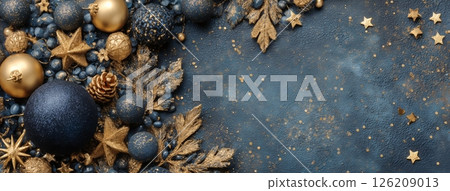Elegant Christmas Decor Featuring Navy Blue and Gold Ornaments With Natural Accents for Festive Celebration 126209013