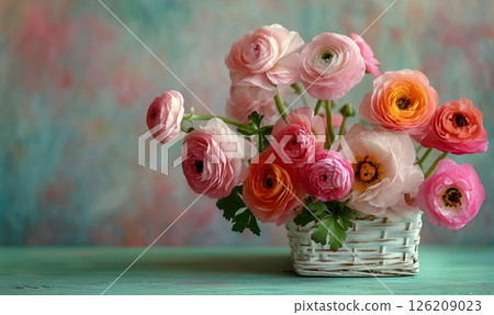 Colorful Ranunculus Flowers in a Basket on a Wooden Table Against a Textured Background 126209023