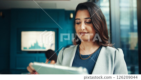 Tablet, finance and business woman in office for research, investment data or reading email for analysis. Digital technology, app and happy worker check report online for profit, stats and project Tablet, finance and business woman in office for research, investment data or reading email for analysis. Digital technology, app and happy worker check report online for profit, stats and project 126209044