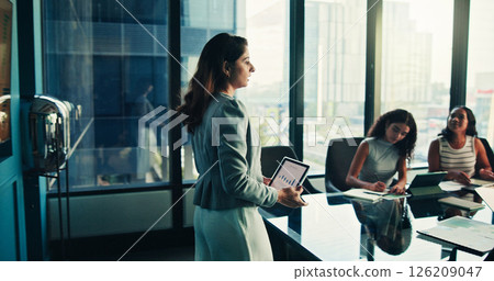 Boardroom, presentation and woman with tablet, group and data analyst with info, graphs and online. Meeting, colleagues and presenter with tech for insights, screen and people with digital report 126209047