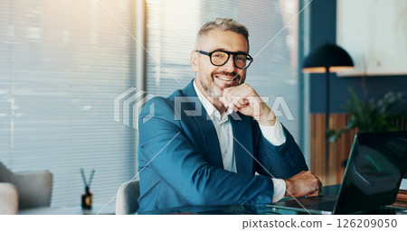 Happy, business and man with portrait in office for career pride, about us and finance consultant. Mature person, laptop and thinking for planning, schedule update and ideas for investment proposal 126209050