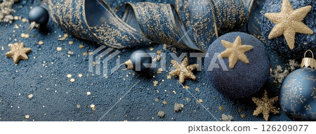 Decorative Blue and Gold Holiday Ornaments Arranged With Glitter and Stars on a Textured Surface 126209077