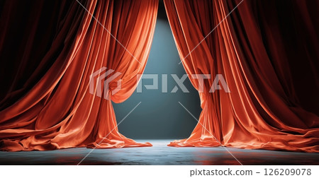 Silk Curtains Elegantly Parting to Reveal a Spotlighted Stage at a Theater Performance Silk Curtains Elegantly Parting to Reveal a Spotlighted Stage at a Theater Performance 126209078