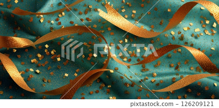 Festive Golden Ribbons and Confetti on Textured Teal Fabric During a Celebration 126209121