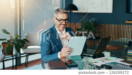 Corporate, research and mature man with tablet, office and online for financial growth in company. Happy, sales manager and competitive analysis on website, planning and browsing of tech in business Corporate, research and mature man with tablet, office and online for financial growth in company. Happy, sales manager and competitive analysis on website, planning and browsing of tech in business 126209272