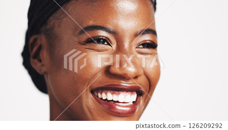Space, thinking or happy black woman with makeup for beauty, cosmetics or acne solution on white background. Studio, cosmetology or African model with ideas for foundation, skincare or glowing shine 126209292
