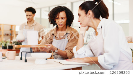 Pottery, class and people with vase in studio for teaching, learning and practice skills. Creative course, workshop and women with ceramic mold for design, sculpture and DIY hobby in art lesson 126209293