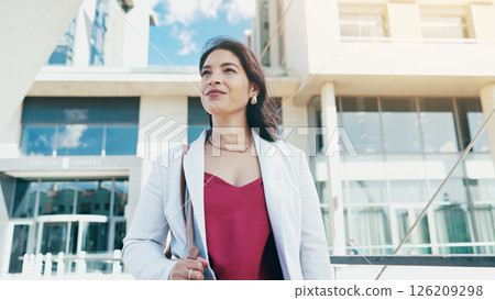 Thinking, business and woman with smile city for planning, corporate career and decision as accountant. Female person, vision and reflection for financial future, urban search and investment growth 126209298
