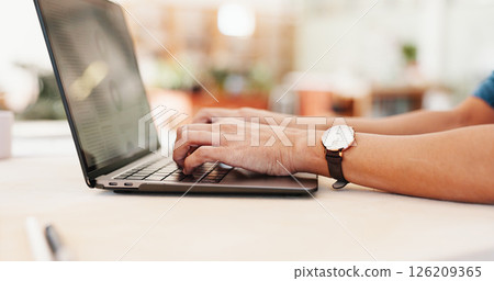 Hands, person and typing on laptop for pottery, inventory management and review clay orders on website. Potter, online and feedback for stock supply, craft checklist and information of small business 126209365