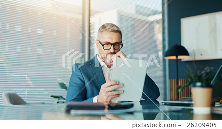 Tablet, thinking and research with business man in office for stock broker, account manager or reflection. Vision, trade planning and budget proposal with person in agency for investment decision 126209405