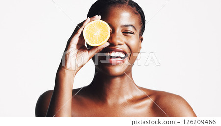 Happy, black woman and portrait with lemon for skincare, detox or vitamin C on a white studio background. Female person, model or smile with citrus fruit for natural organic treatment on mockup space 126209466