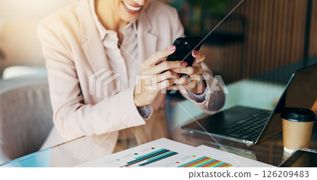 Office, hands and laptop with smartphone for search, investment information and accountant for agency. Closeup, person and business auditor with mobile for communication, auditing and typing email 126209483