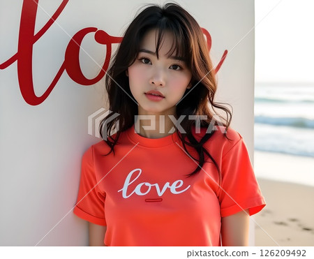 A woman standing in front of a "love" sculpture on the beach 126209492