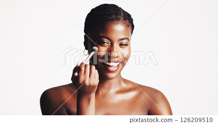 Makeup, brush and portrait of African girl for beauty, cosmetics and glamour on white background. Studio space, cosmetology and happy black woman with smile for foundation, skincare and application 126209510