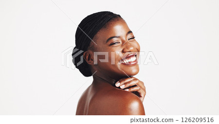 Space, confidence and happy black woman with makeup, beauty or treatment for facial glow or shine. Studio, portrait and proud African model with cosmetics for collagen or skincare on white background 126209516