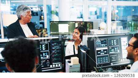 Business people, computer or programming team with monitor for cybersecurity at office. Group, developer or coders with technology screen or display for online maintenance or software development Business people, computer or programming team with monitor for cybersecurity at office. Group, developer or coders with technology screen or display for online maintenance or software development 126209538