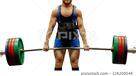 man powerlift lift heaviest barbell at deadlift competition isolated on white background man powerlift lift heaviest barbell at deadlift competition isolated on white background 126209546