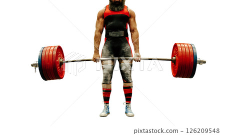 athlete lift heavy weight of barbell at deadlift competition isolated on white background 126209548