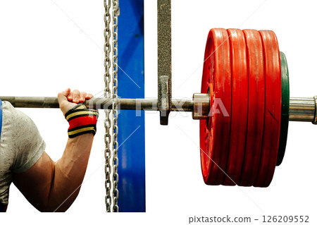 arm powerlifter and barbell for squat on monolith, isolated on white background 126209552