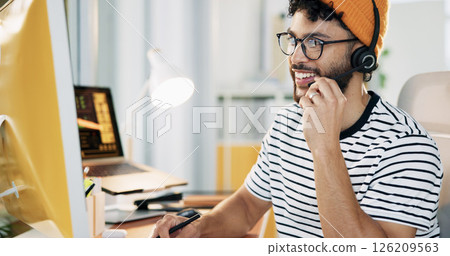 Happy, agent and man with headset, consultation and communication with microphone and call center. Business, representative and person with advice for contact, talking and customer service for order Happy, agent and man with headset, consultation and communication with microphone and call center. Business, representative and person with advice for contact, talking and customer service for order 126209563