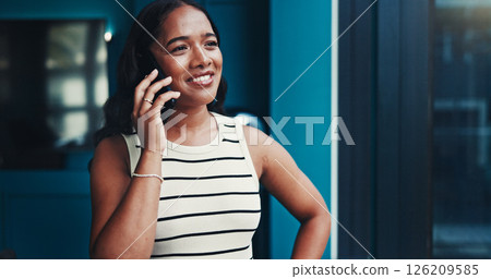 Office, businesswoman and editor with phone call for thinking, talking and questions to source. Smile, female person and journalist with mobile for news verification, discussion and idea for contact 126209585