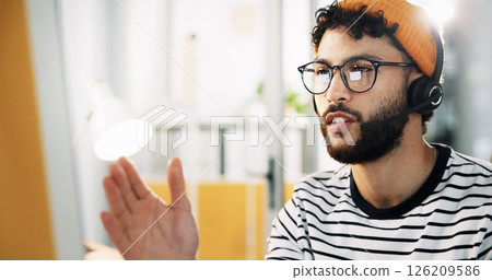 Computer, agent and man with headset, communication and research for order on website or call center. Customer service, representative and person with tech for info, online and consultation for sales 126209586