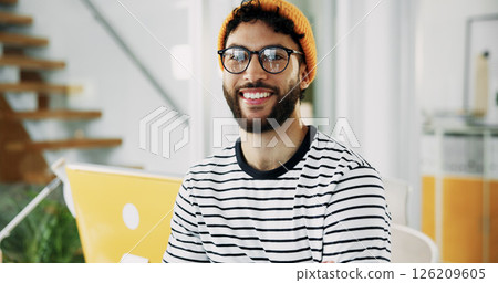 Portrait, smile and businessman with glasses in office with pride for career as social media marketer. Creative, startup or happy professional worker with confidence as audience engagement specialist Portrait, smile and businessman with glasses in office with pride for career as social media marketer. Creative, startup or happy professional worker with confidence as audience engagement specialist 126209605