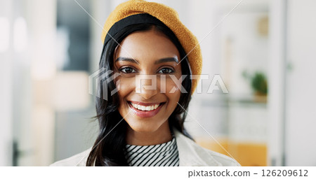 Portrait, confidence and happy business woman in startup office with pride for career as fashion magazine editor. Face, smile and professional employee, creative worker or style journalist in India Portrait, confidence and happy business woman in startup office with pride for career as fashion magazine editor. Face, smile and professional employee, creative worker or style journalist in India 126209612