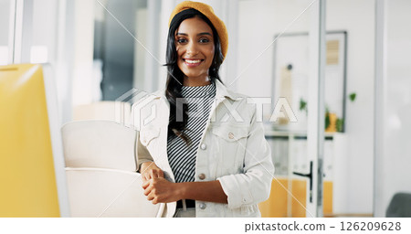 Portrait, smile and Indian business woman in office with pride for career as social media marketer. Creative, startup and happy professional worker with confidence as audience engagement specialist Portrait, smile and Indian business woman in office with pride for career as social media marketer. Creative, startup and happy professional worker with confidence as audience engagement specialist 126209628