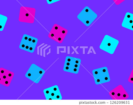 Seamless pattern of dice. Multicolored dice, top view. Casino dice game. Design for apps, banners, booklets, covers. Vector illustration Seamless pattern of dice. Multicolored dice, top view. Casino dice game. Design for apps, banners, booklets, covers. Vector illustration 126209631
