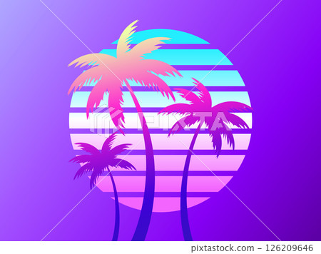 Three palm trees on a sunset 80s retro sci-fi style. Summer time. Futuristic sun retro wave. Design for advertising brochures, banners, posters, travel agencies. Vector illustration Three palm trees on a sunset 80s retro sci-fi style. Summer time. Futuristic sun retro wave. Design for advertising brochures, banners, posters, travel agencies. Vector illustration 126209646